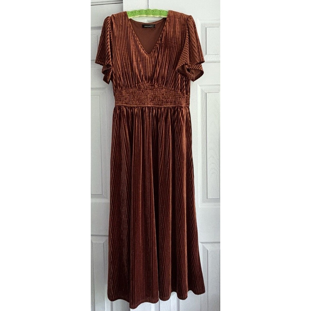 Merokeety Sz XL Golden Rust Waled Velvet Maxi Dress Flutter Sleeve Burnt Orange